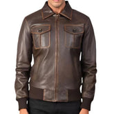 Men's Distressed Brown Cowhide Bomber Leather Jacket
