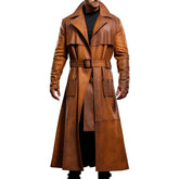 Men’s Distressed Brown Vintage Classic Duster Long Sheepskin Leather Coat