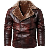 Veste de motard marron en cuir de mouton véritable pour homme avec fausse fourrure