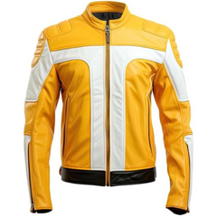 Men's Iconic Yellow and White Real Lambskin Leather Biker Jacket