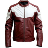 Men's Maroon and White Genuine Sheepskin Sleek Zip-up Leather Jacket