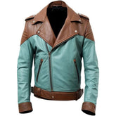 Men's Mint green and Brown Real Sheepskin Biker Leather Jacket