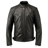 Men’s Moto Café Racer Black Quilted Genuine Sheepskin Leather Jacket