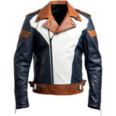 Men's Navy Blue and Brown Genuine Sheepskin Biker Leather Jacket