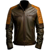 Olivgrüne und braune Biker-Lederjacke aus echtem Schaffell für Herren