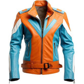 Orange-blaue Biker-Lederjacke für Herren aus echtem Schaffell mit Flicken und Streifen
