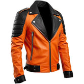 Men's Orange and Black Genuine Sheepskin Padded Shoulders Leather Jacket