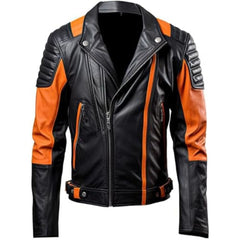 Men's Orange and Black Genuine Sheepskin Stand Collar Zip-Up Leather Jacket