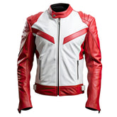 Men’s Red & White Contrast Moto Racing Casual Sheepskin Leather Jacket