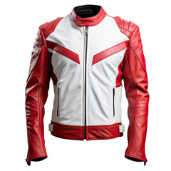Veste décontractée en cuir de mouton pour homme, style moto de course, contraste rouge et blanc