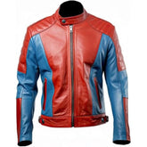 Veste en cuir rouge et bleu vieilli avec fermeture éclair asymétrique pour homme