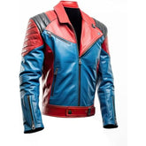 Men's Red and Blue Genuine Sheepskin Leather Quilted Shoulders Jacket