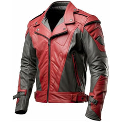 Men's Red and Charcoal Distressed with Asymmetrical Zipper and Belt Leather Jacket