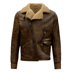 Men's Rugged-off Distressed Brown Sherpa-Lined Cowhide Leather Jacket