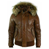 Men's Sherpa Fur Hooded Bomber Dark Brown Puffer-Padded Leather Jacket