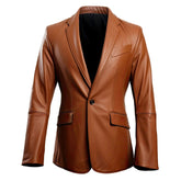 Men’s Slim-fit Semi-Formal One-Button Brown Leather Sheepskin Coat