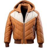 Men's Tan Brown Bomber Hooded Real Sheepskin Leather Jacket