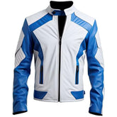 Men's White and Blue Genuine Sheepskin Stand Collar Zip-up Racer Leather Jacket
