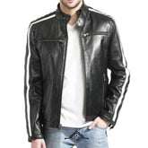 Men's Winter-Style Black White-Stripe Sheepskin Leather Jacket