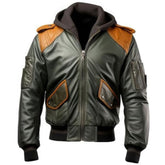 Men’s Winter Hooded Olive-Green Flight Sheepskin Bomber Leather Jacket