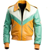Men's Yellow And Mint Green Bomber Leather Jacket