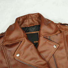 Women's Classic Asymmetrical Lapel-Style Sheepskin Brown Leather Jacket