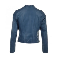 Women's Motorcycle Retro Blue Genuine Sheepskin Leather Jacket