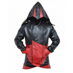 Veste en cuir d'agneau noir et rouge à capuche amovible unisexe