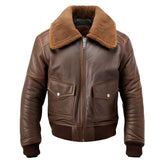 Men’s Winter Sherpa-Collar Dark Brown Bomber Cowhide Leather Jacket