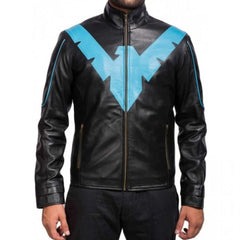 Veste en cuir slim noire à motif bleu V-Shape pour homme