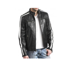 Men's Winter-Style Black White-Stripe Sheepskin Leather Jacket