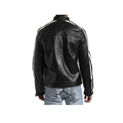 Men's Winter-Style Black White-Stripe Sheepskin Leather Jacket
