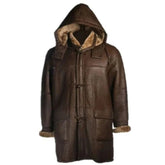 unisex Dark Brown Sherpa Fur Hooded Genuine Cowhide Leather Coat