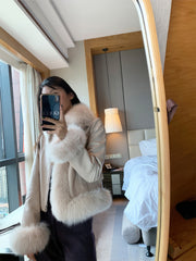 Women's Elegant Apricot Sheepskin Leather Jacket Warm Winter Fur Coat