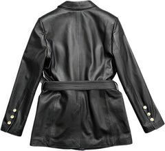 Women’s Black Genuine Sheepskin Motorcycle Belted Leather Coat