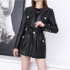 Women’s Black Genuine Sheepskin Motorcycle Belted Leather Coat