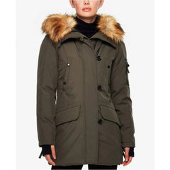 Women's Winter Olive Green Sherpa-Lined Fur-Trim Hood Parka Cotton Coat