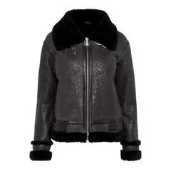 Women's Black Bomber Sherpa-Lined Leather Jacket