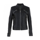 Women's Designer Chest-zip Black Slim-fit Sheepskin Leather Jacket