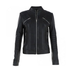 Women's Designer Chest-zip Black Slim-fit Sheepskin Leather Jacket