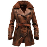 Women’s Distressed Brown Sheepskin Sherpa-Lined Mid-Length Leather Coat