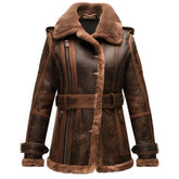Women's Distressed Brown Sherpa-Lined Sheepskin Leather Coat