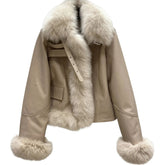 Women's Elegant Apricot Sheepskin Leather Jacket Warm Winter Fur Coat