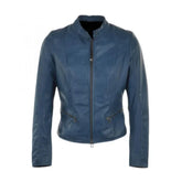 Women's Motorcycle Retro Blue Genuine Sheepskin Leather Jacket