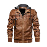 Men's Motorcycle Retro Brown Hooded Genuine Sheepskin Leather Jacket
