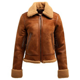 Women’s Peanut Brown Sherpa-Lined B3 Winter Suede Leather Jacket