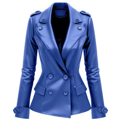 Women’s Royal Blue Slim-fit Soft Mid-length Sheepskin Leather Pea Coat