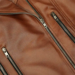 Women's Classic Asymmetrical Lapel-Style Sheepskin Brown Leather Jacket