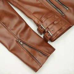 Women's Classic Asymmetrical Lapel-Style Sheepskin Brown Leather Jacket