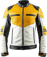 Men's Classy White and Yellow Genuine Sheepskin Leather Jacket